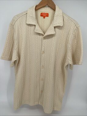 Negative Space Cable Knit Button Down Men’s Cream Colored Shirt Large